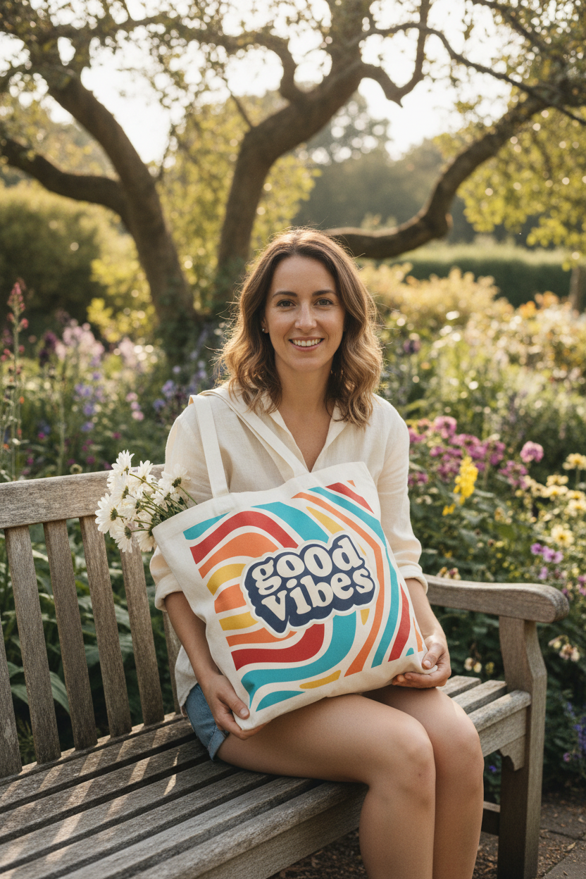 Woman holding white canvas tote bag with 'good vibes' logo front
