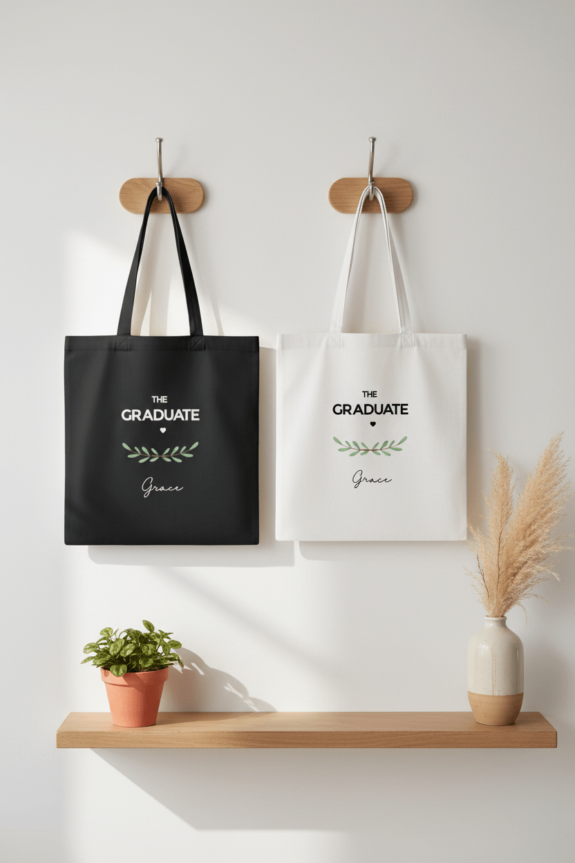 Two graduation tote bags side by side: black and white, “THE GRADUATE” and name Grace