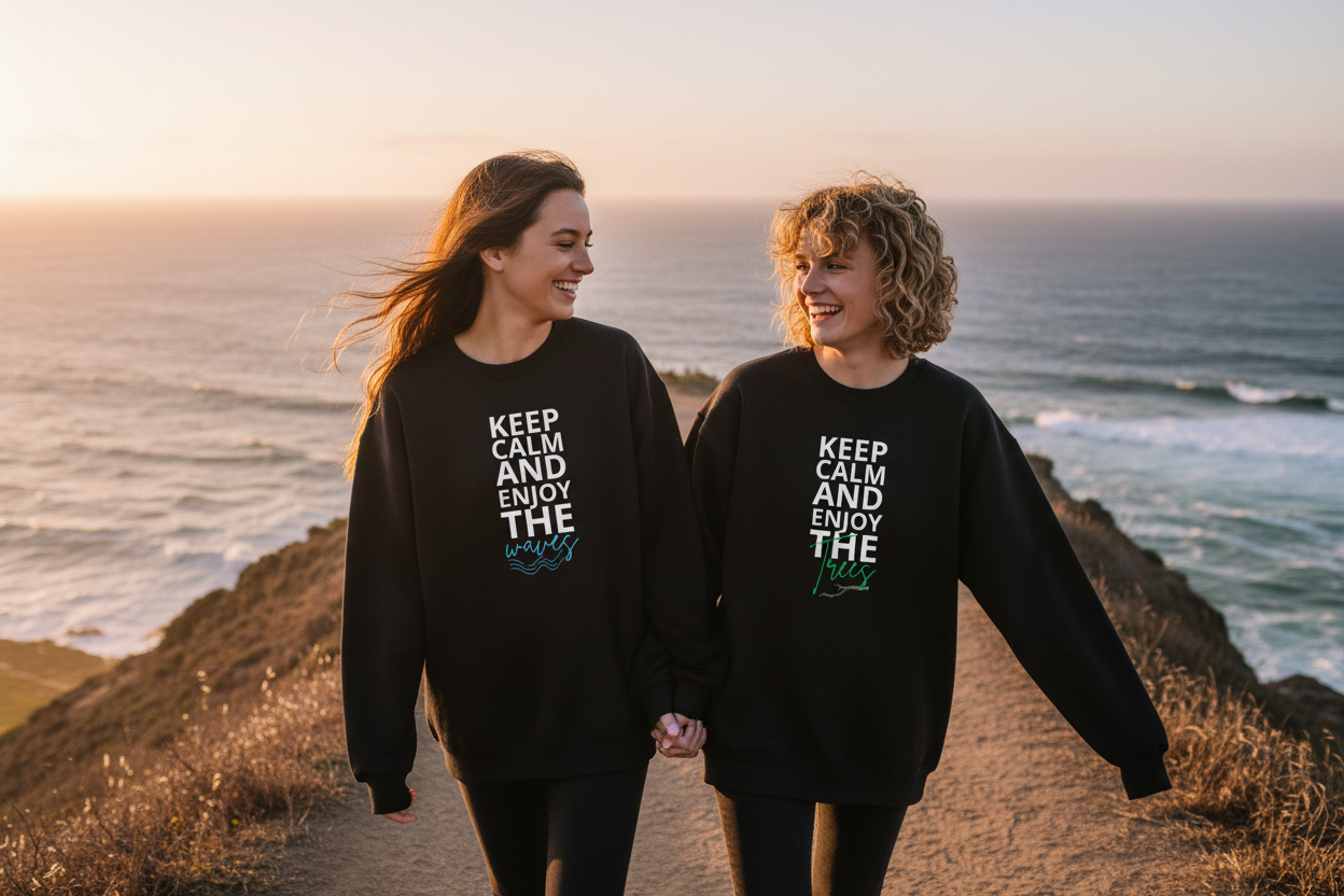 Black crewneck sweatshirt with front Keep Calm and Enjoy the waves graphic