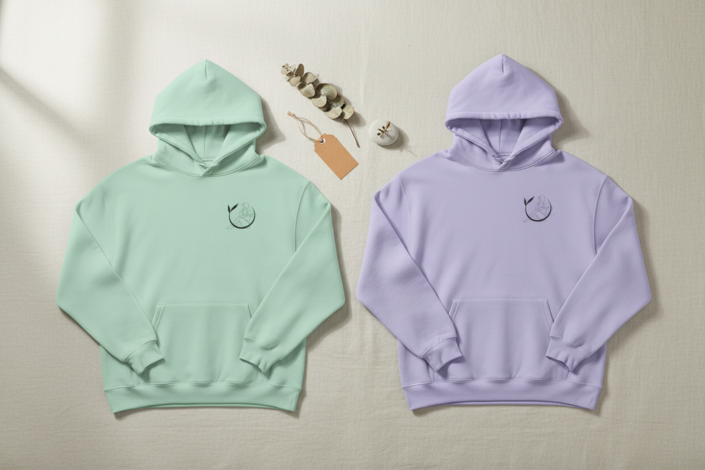 Mint green unisex yoga hoodie with chest logo, pullover hood, and drawstring