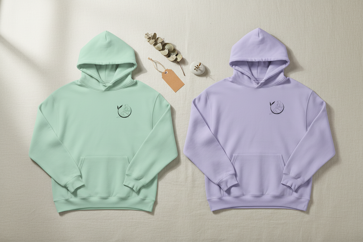 Mint green unisex yoga hoodie with chest logo, pullover hood, and drawstring