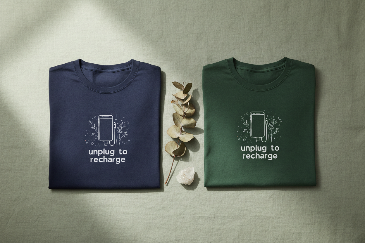 Two unisex T-shirts: navy and forest green, unplug to recharge phone graphic