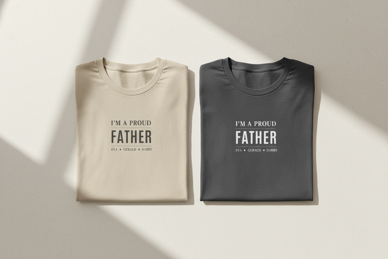 Two T-shirts: cream and charcoal, each with "I'm a Proud Father" and name list