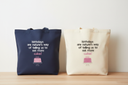 Navy and cream tote bags with birthday cake graphic and text, two handle styles