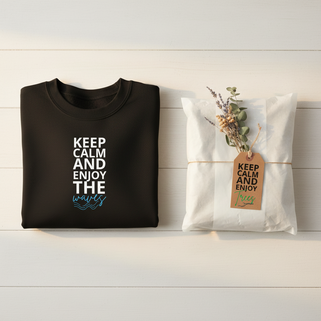 Black crewneck sweatshirt with front printed slogan graphic on flat lay