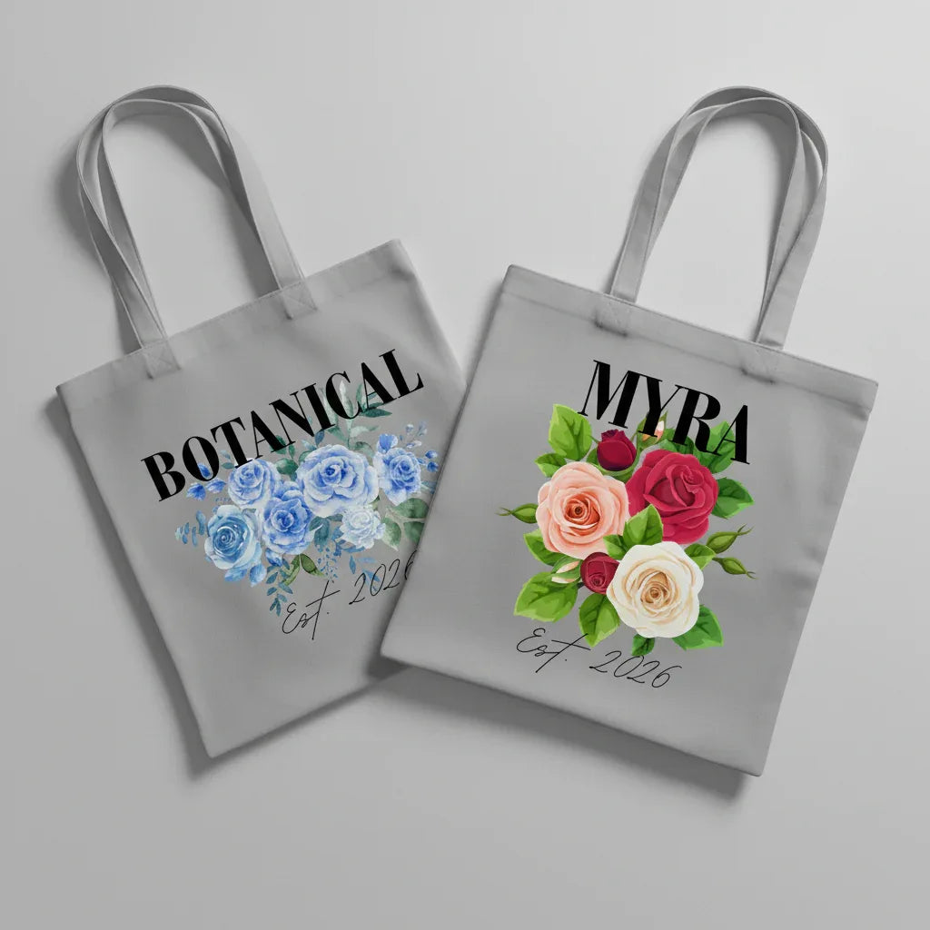 Personalised Floral Tote Bag | Custom Name, Text & Date | Choose Rose Colours | Eco Gift - Alley Crafters