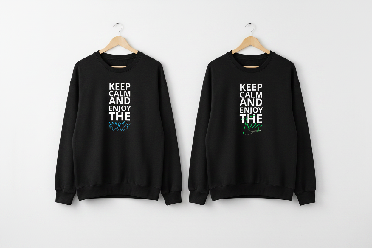 Two black crewneck sweatshirts with front slogan graphic hanging on hooks