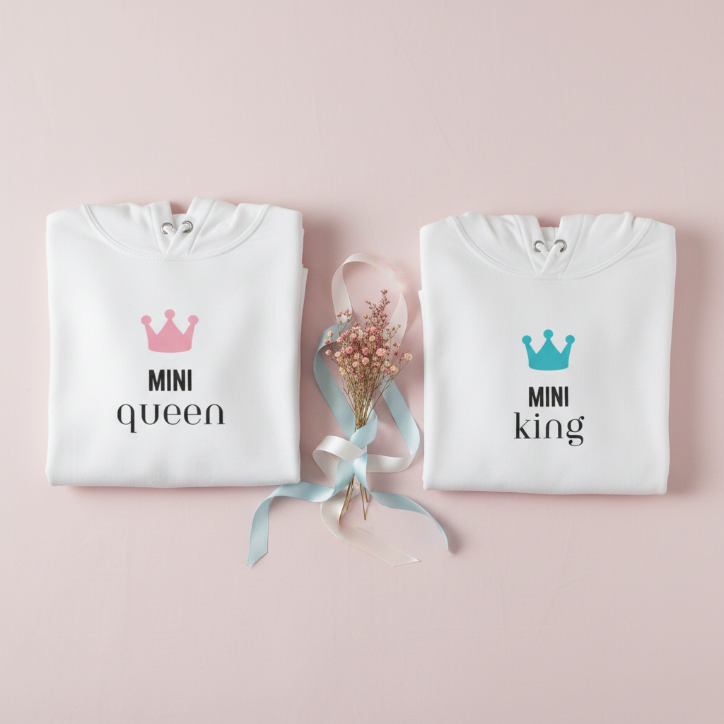 Set of two white hooded sweatshirts: “MINI queen” and “MINI king” crown designs