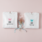 Set of two white hooded sweatshirts: “MINI queen” and “MINI king” crown designs