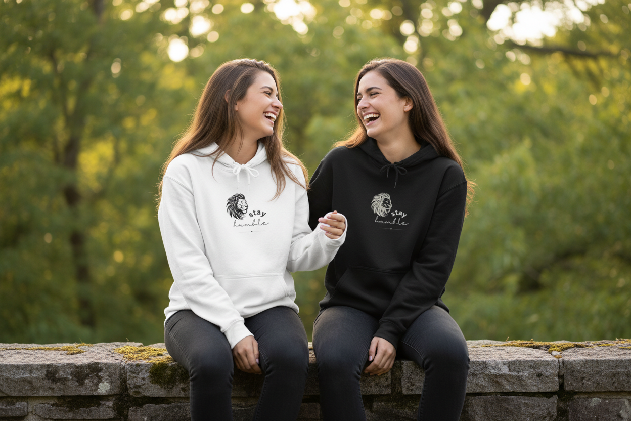 White and black graphic hoodies with lion Stay Humble chest print, pullover hood style
