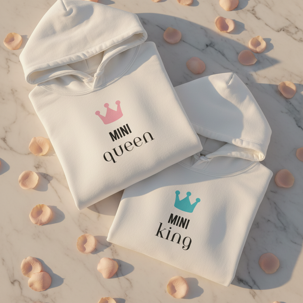 Two white hooded sweatshirts stacked; “MINI queen” and “MINI king” crown graphics
