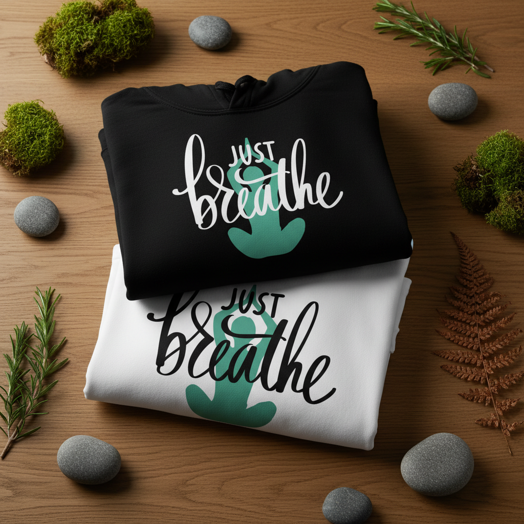 Black and white mindfulness hoodies with “Just breathe” slogan and hand heart graphics