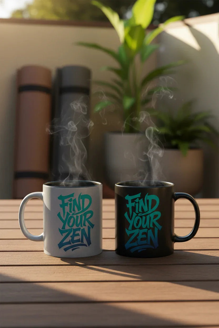 Light gray mug with "Find Your Zen" lettering, with steaming visible from cup