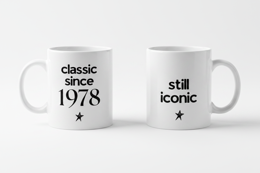 Set of two white ceramic coffee mugs with 'classic since 1978' and 'still iconic'