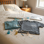 Teal and dark gray crew-neck T-shirts with Birthday Energy+ graphic