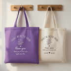 Lavender tote bag with 'There's No Better Friend' and thank you print, fabric handles