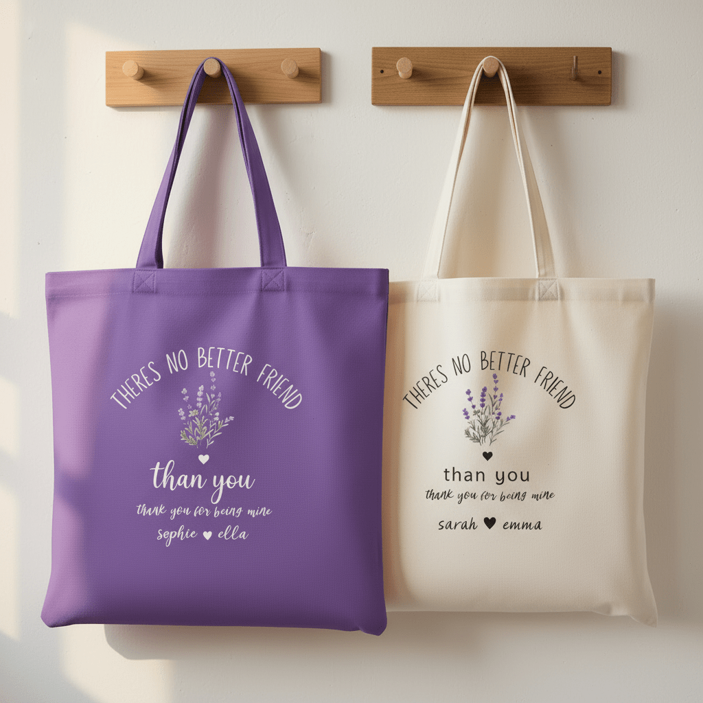 Lavender tote bag with 'There's No Better Friend' and thank you print, fabric handles