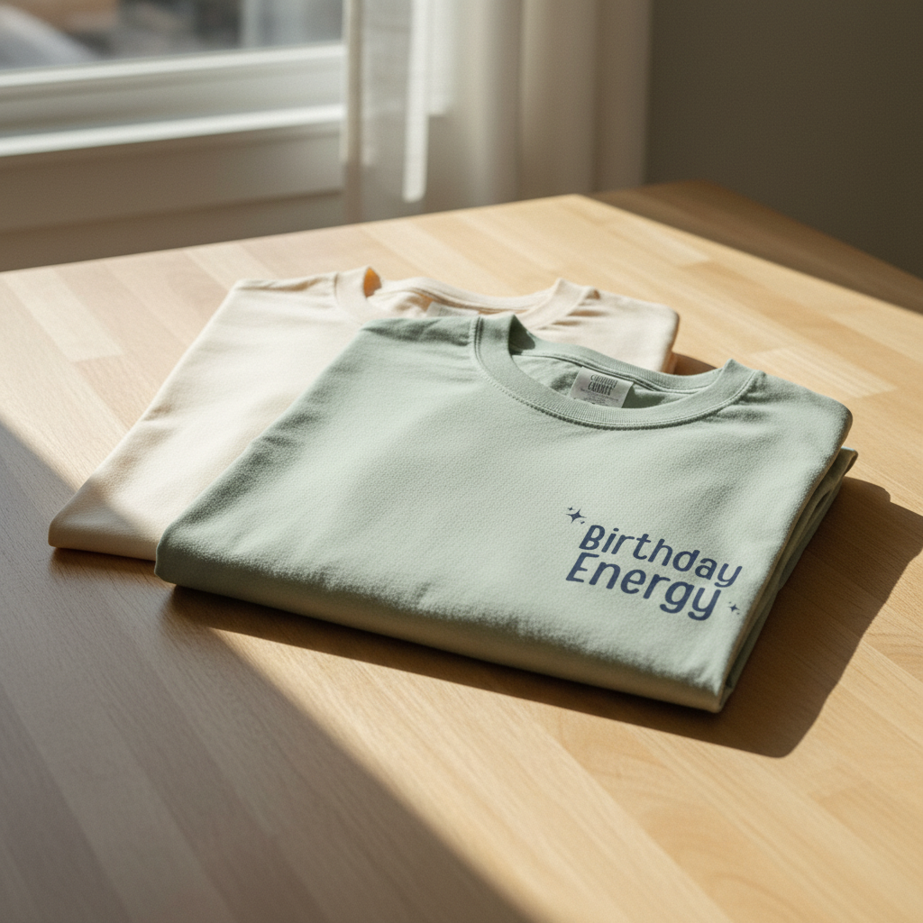 Ivory crew-neck short-sleeve T-shirt with “Birthday Energy” chest graphic
