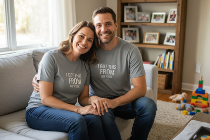 Both parents wearing matching tees