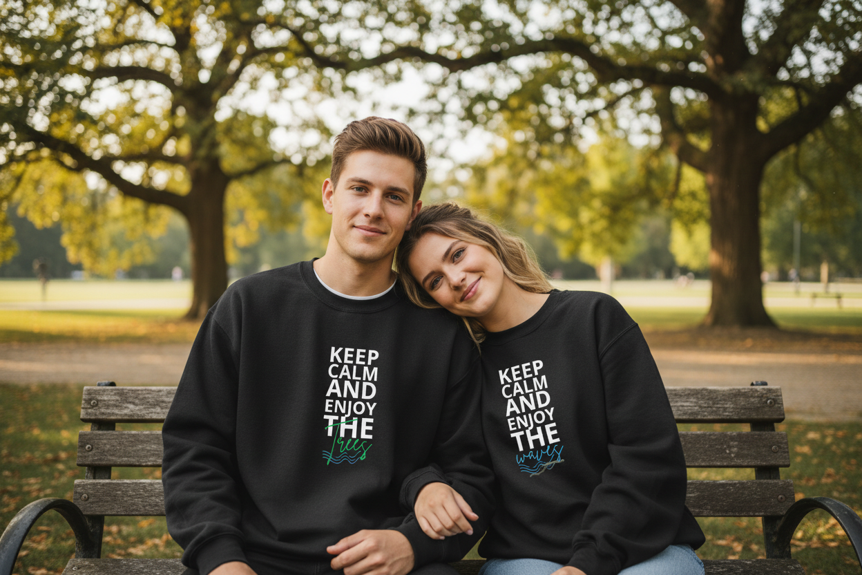 Black crewneck sweatshirt with front printed Keep Calm and Enjoy the waves graphic