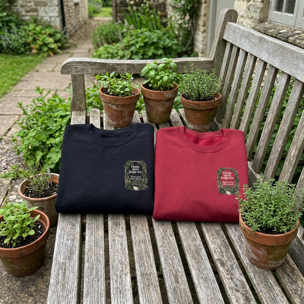 Black and antique cherry red crewneck sweatshirts with framed plant graphic
