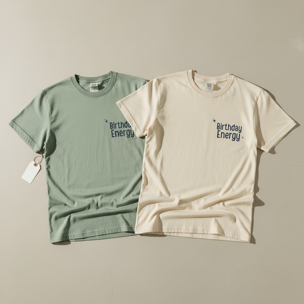Seafoam crew-neck short-sleeve T-shirt with small “Birthday Energy” chest graphic