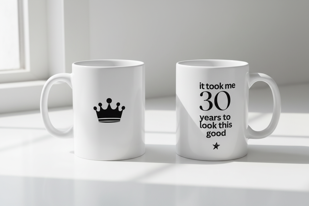 White ceramic birthday mug with crown icon and '30 years to look this good' text