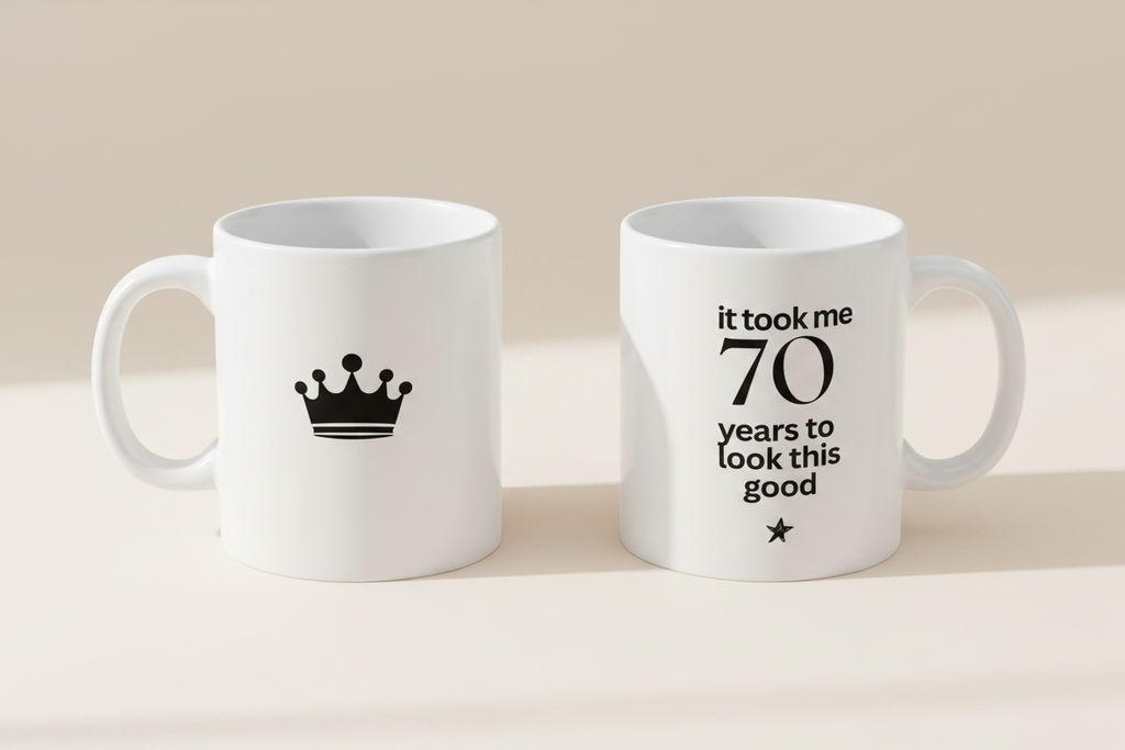 White ceramic birthday mug with crown icon and '70 years to look this good' print
