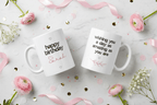 Two white ceramic mugs: left “happy birthday”, name Sarah; right “wishing you a day…“