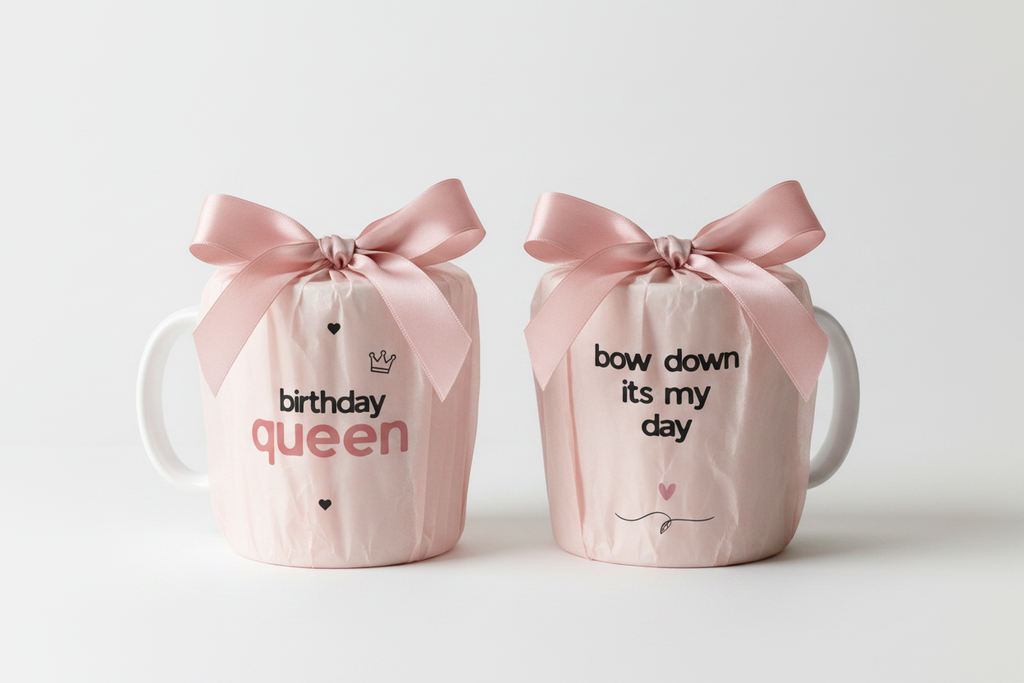 Two 11oz ceramic mugs with pink bows and “birthday queen” prints on sides