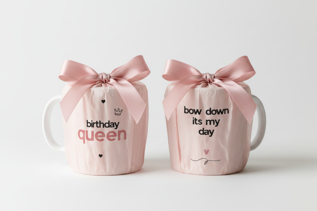 Two 11oz ceramic mugs with pink bows and “birthday queen” prints on sides