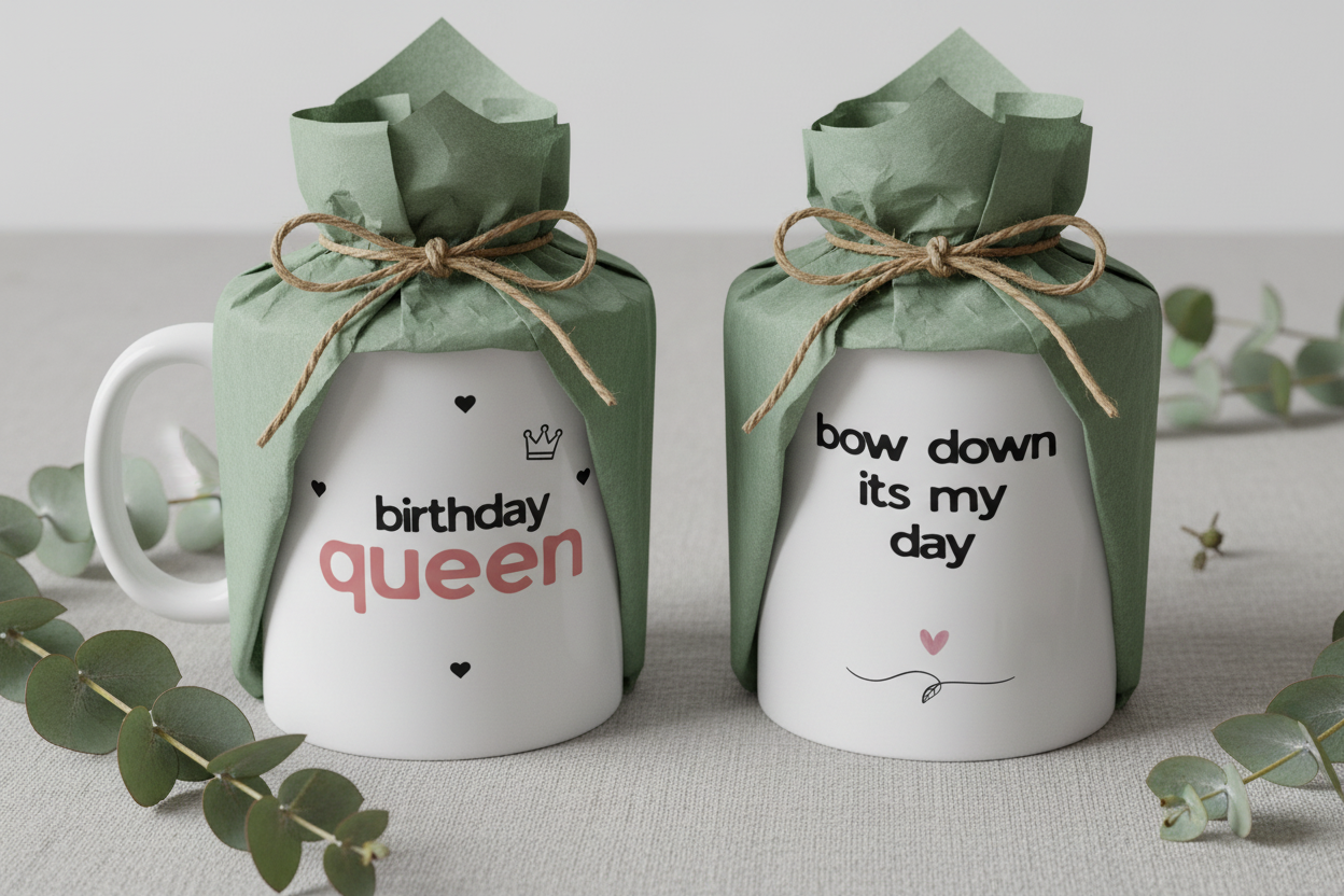 White ceramic mug with green gift sleeve and bow, 'birthday queen' design