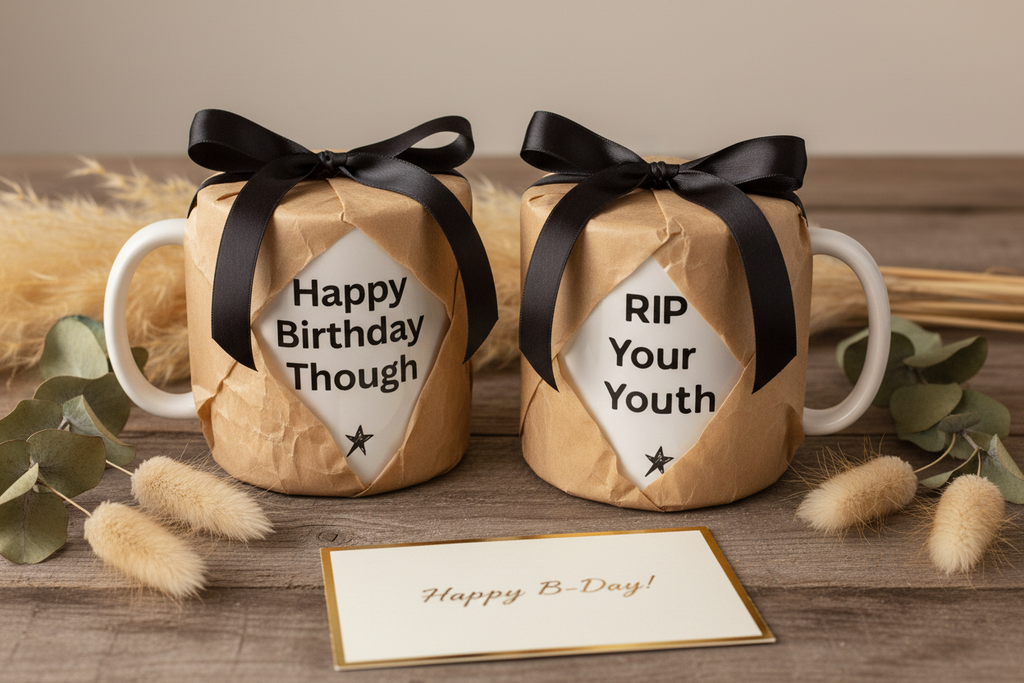 Coffee mug wrapped in brown kraft paper with black ribbon, text shows Happy Birthday Though