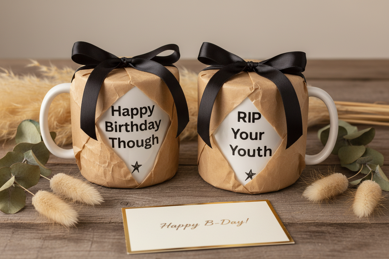 Coffee mug wrapped in brown kraft paper with black ribbon, text shows Happy Birthday Though