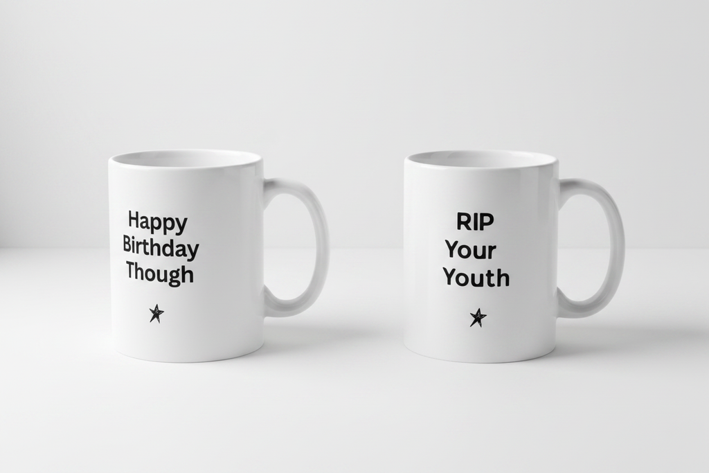 Two white coffee mugs on a plain background: Happy Birthday Though and RIP Your Youth
