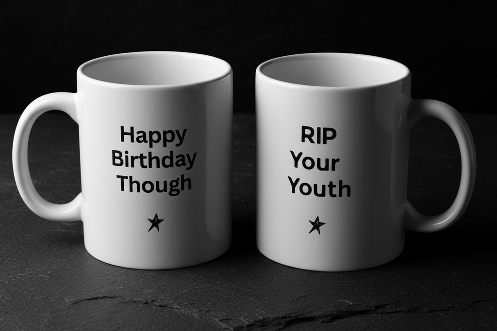 Two white coffee mugs, one says "Happy Birthday Though", the other "RIP Your Youth".