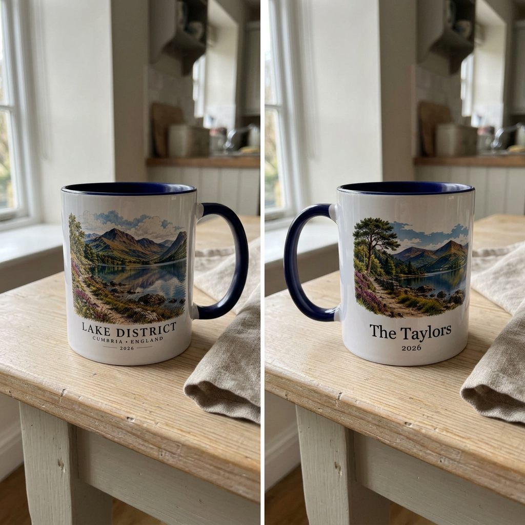Both sides of the Lake District mug in a natural UGC-style mockup, personalised with The Taylors and 2026