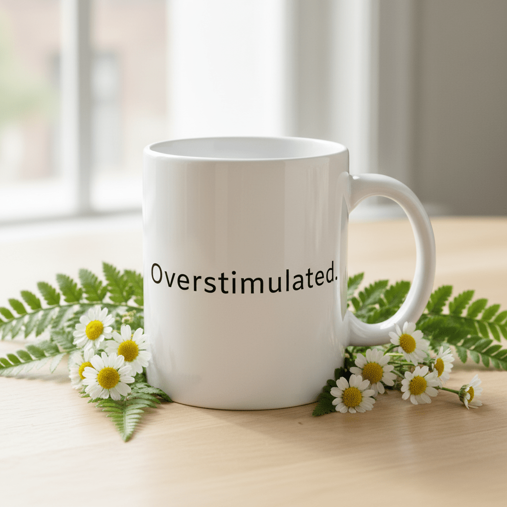 White ceramic mug with handle on table, “Overstimulated.” printed on front