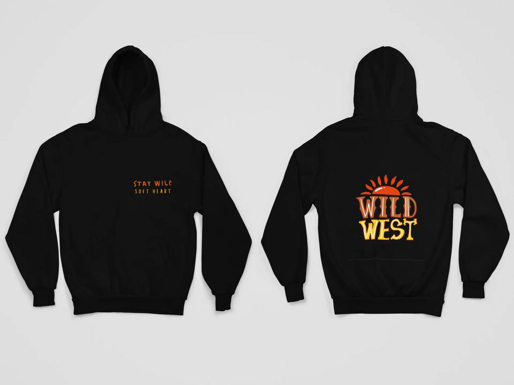 Black hoodie back view with Wild West emblem print