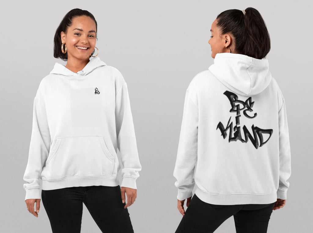 White pullover hoodie with large back logo graphic and hood