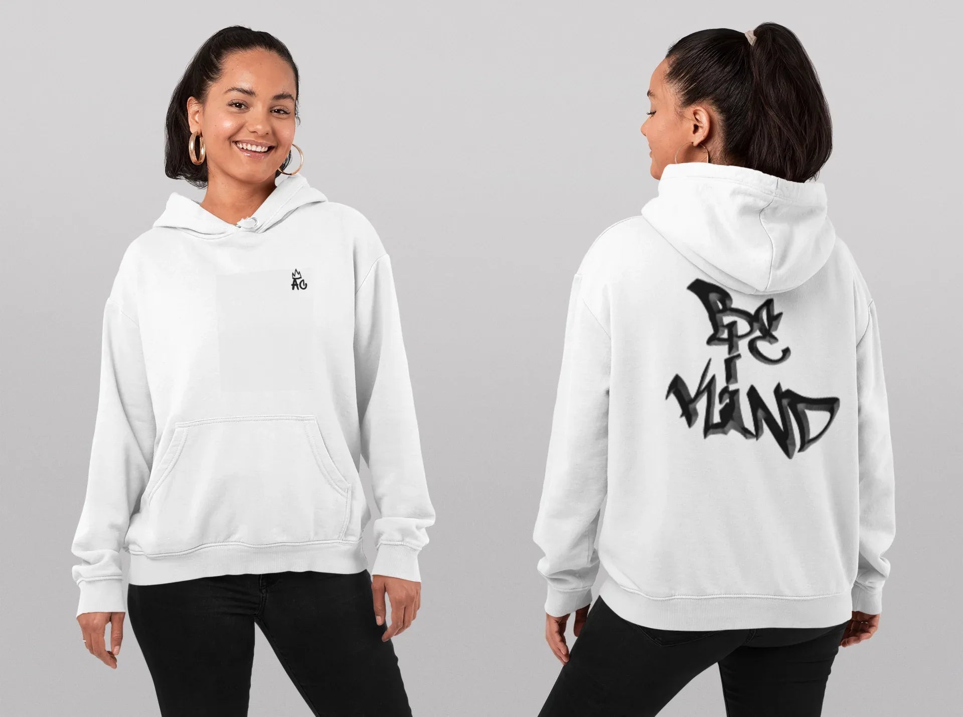 White pullover hoodie with large back logo graphic and hood