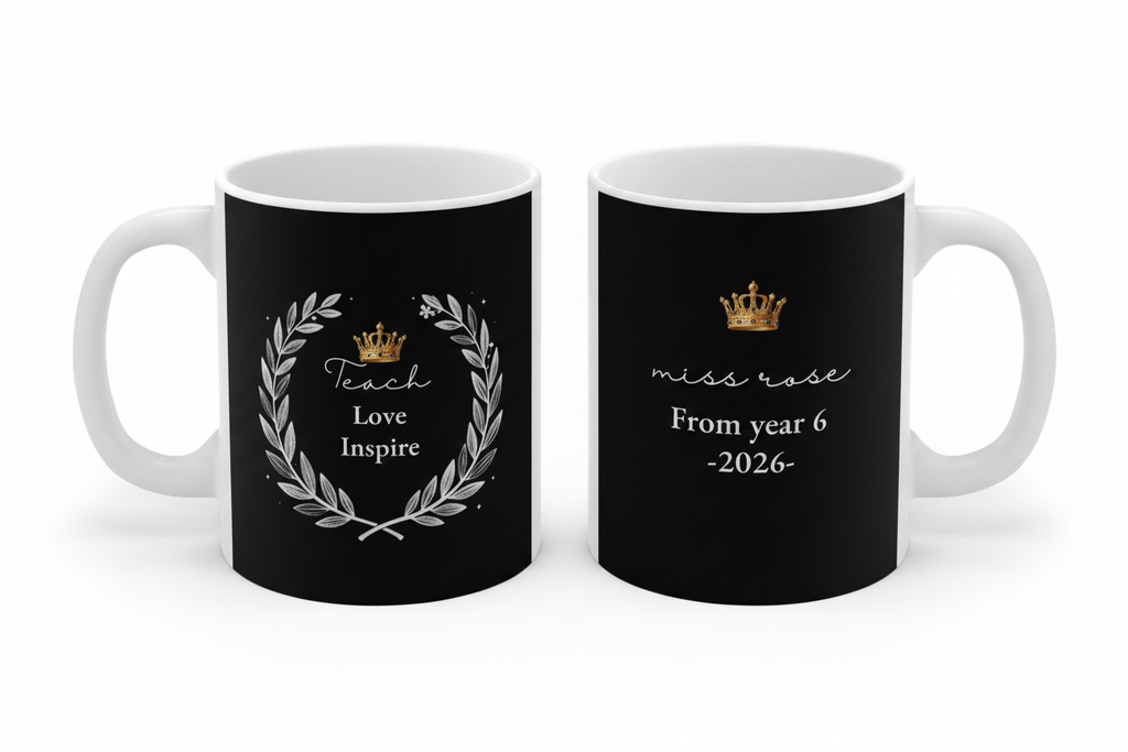 Set of two black mugs: Teach Love Inspire; and miss rose, From year 6 -2026