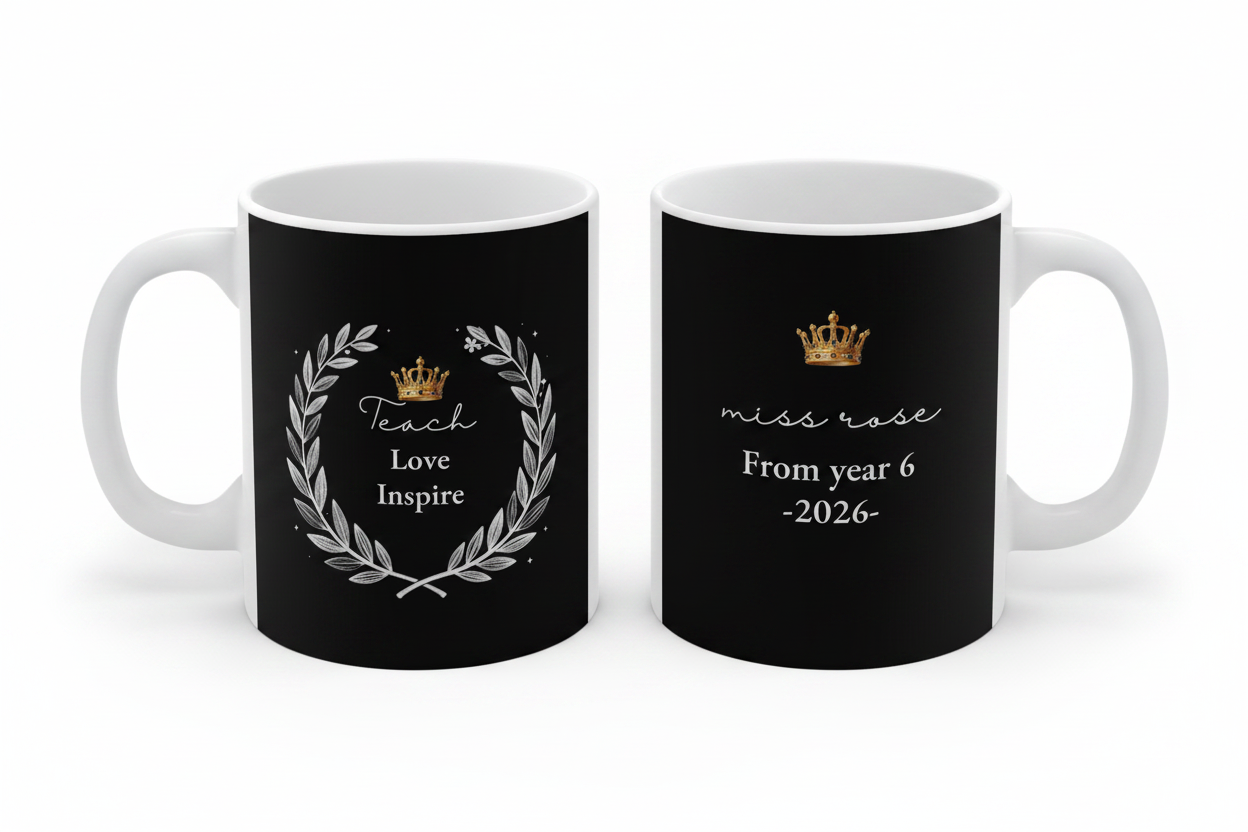 Set of two black mugs: Teach Love Inspire; and miss rose, From year 6 -2026