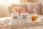 Two white ceramic mugs: left “happy birthday” Marian; right “wishing you a day…“