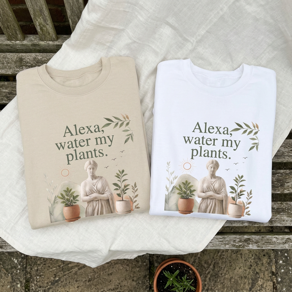 Sand and white crewneck sweatshirts on a cloth, each with plant-themed slogan graphic