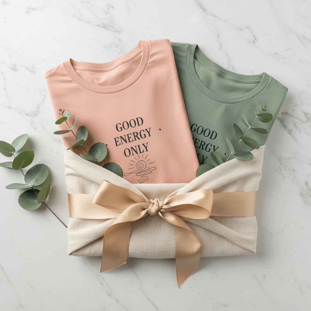 Peach and sage T-shirts with crew neck, “GOOD ENERGY ONLY” text and eucalyptus print