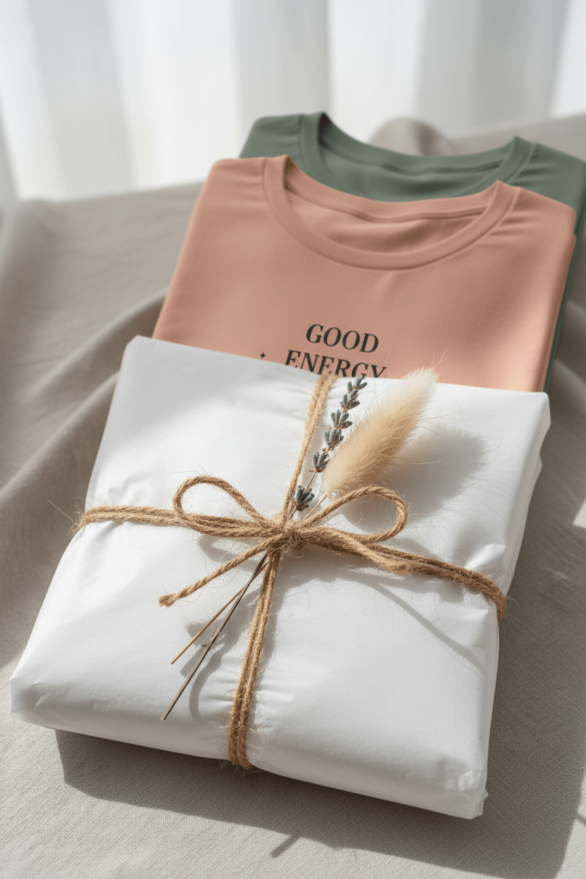 White T-shirt with crew neck, “GOOD ENERGY ONLY” graphic, tied with twine