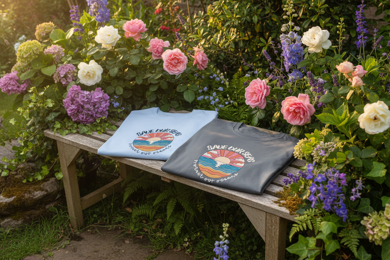 Gray T-shirt with Save Our Seas circular ocean sunset logo on folded fabric