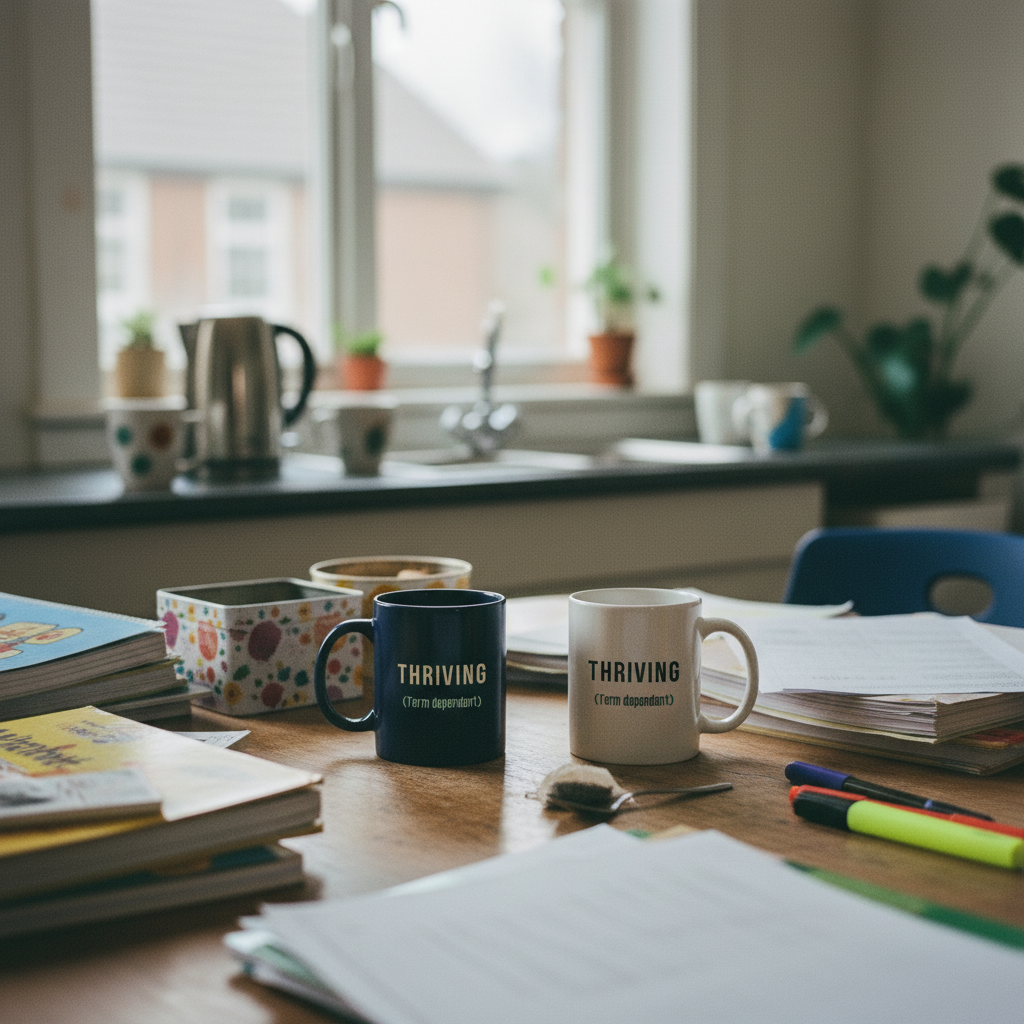 Both THRIVING mugs in staffroom with papers