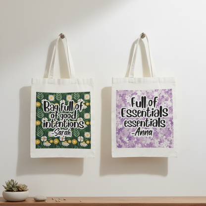 Both tote bags hanging on wall